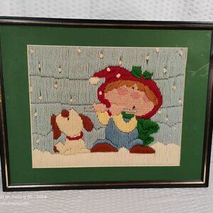 framed vintage crewel embroidery kit picture depicting little boy playing flute